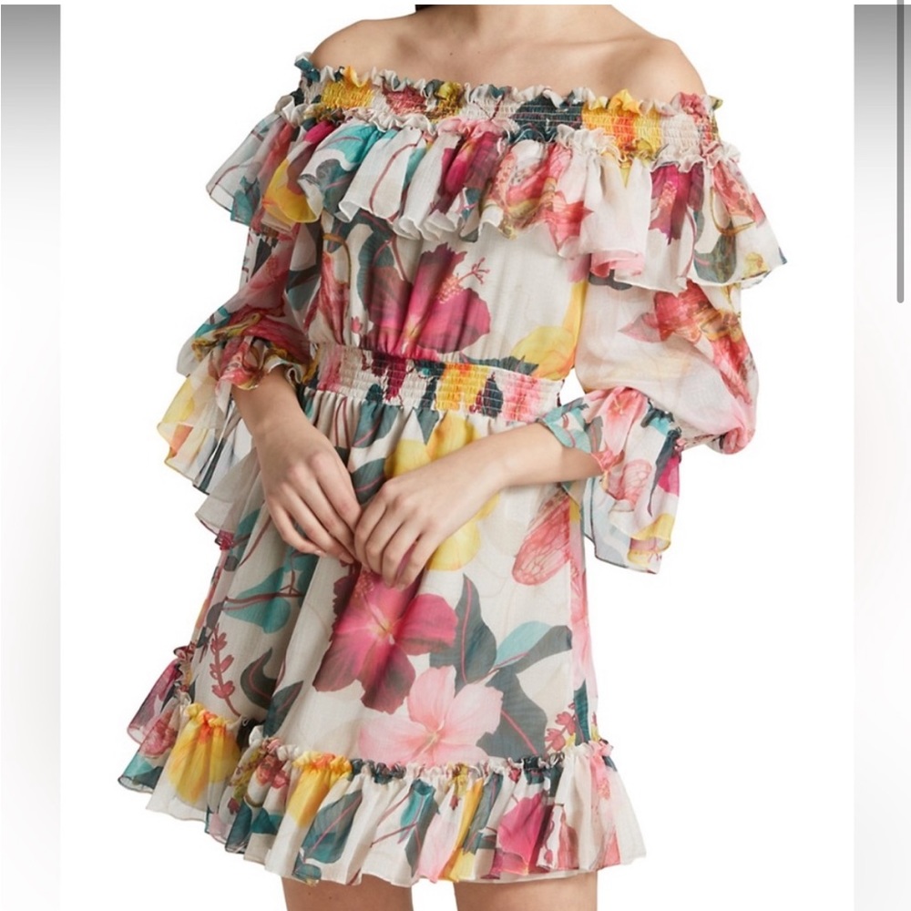 PatBO Hibiscus Off Shoulder Minidress Flower Vanilla